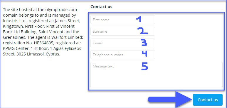 Contact form of trading platform 